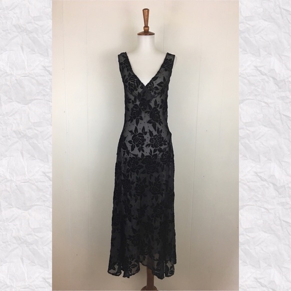 Vintage Dresses & Skirts - Vintage 90’s Velvet Rose Burnout V-Neck Maxi Dress